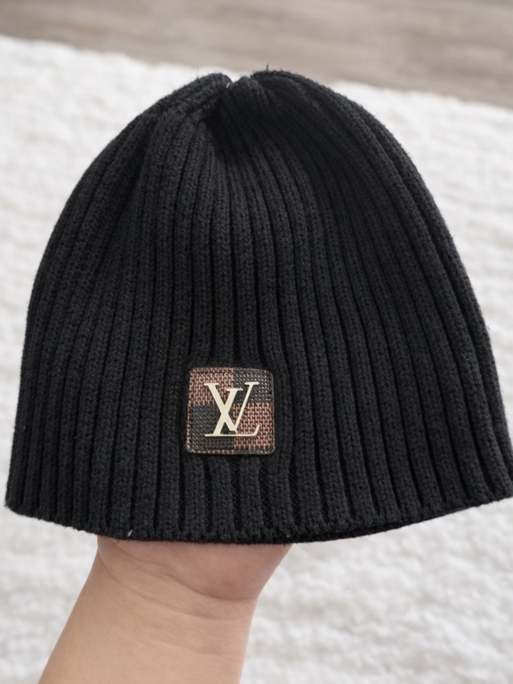 Louis Vuitton Black Ribbed Knit Beanie with LV Patch